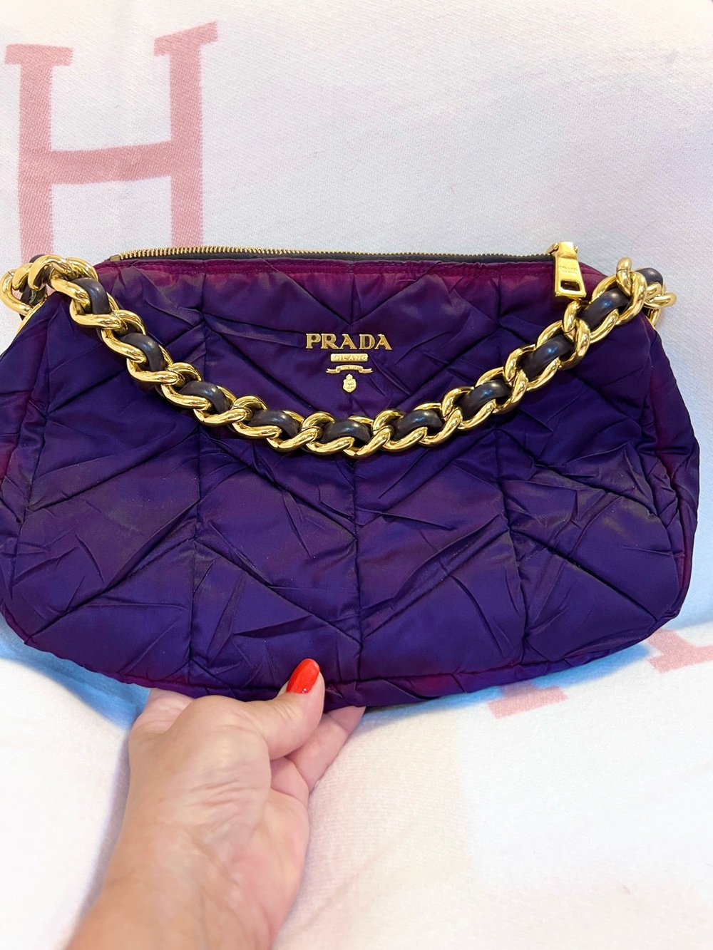 Prada⭐️Authentic Deep Purple Quilted Shoulder Bag with Gold Chain!